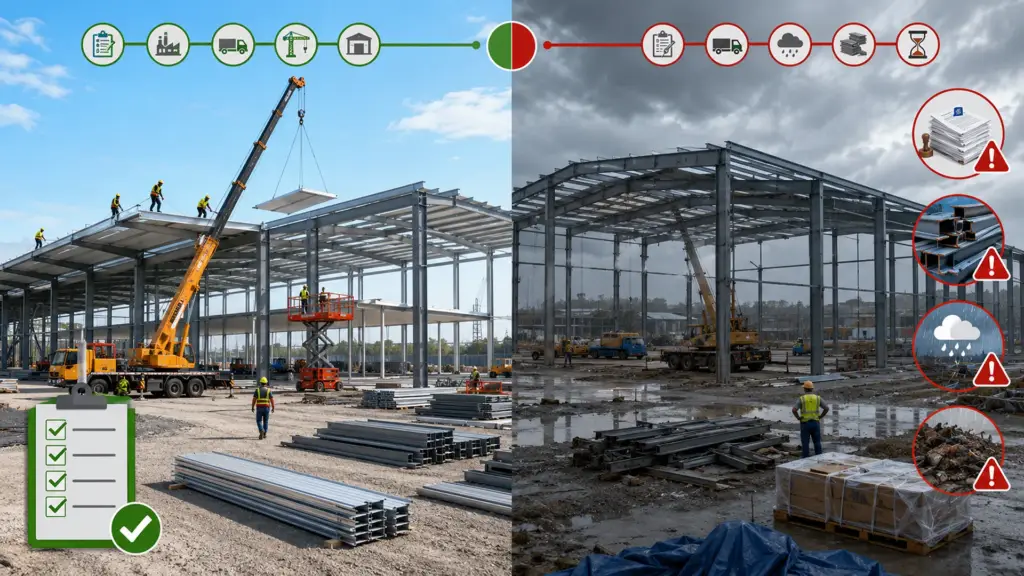 Comparison between on-time and delayed PEB warehouse construction caused by permitting and supply chain issues.
