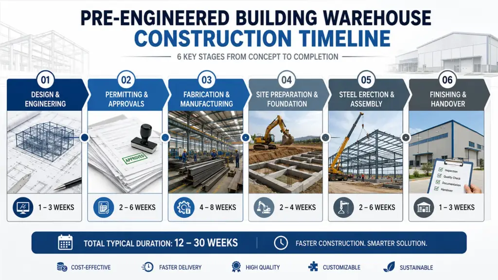 Stage-by-stage timeline of PEB warehouse construction from design to final handover.