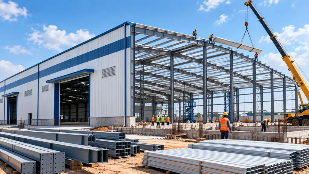 Modern pre-engineered steel warehouse under construction showing different stages of the PEB building process.
