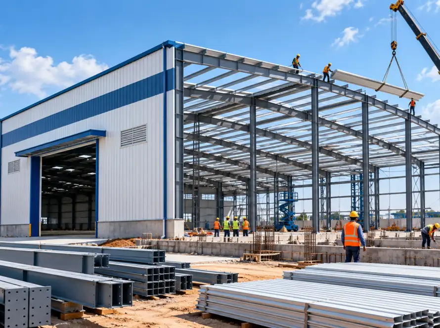 Modern pre-engineered steel warehouse under construction showing different stages of the PEB building process.