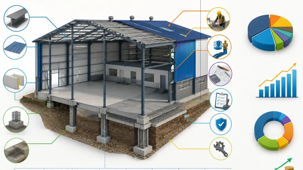 Breakdown of PEB warehouse construction costs including steel foundation roofing labor and erection