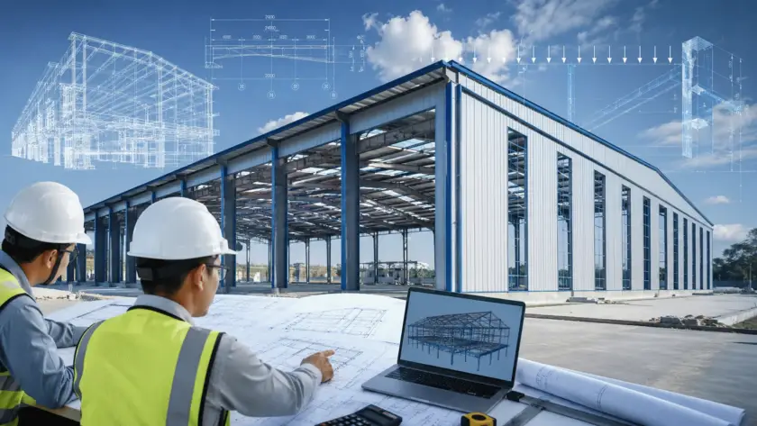 Pre-engineered building design with structural engineers reviewing steel building plans and a completed industrial warehouse.