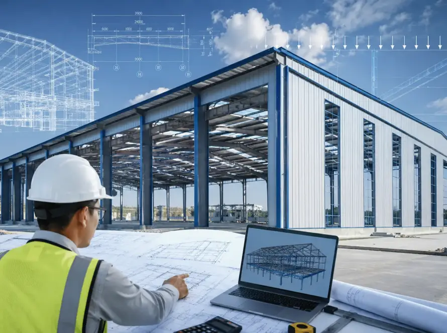 Pre-engineered building design with structural engineers reviewing steel building plans and a completed industrial warehouse.