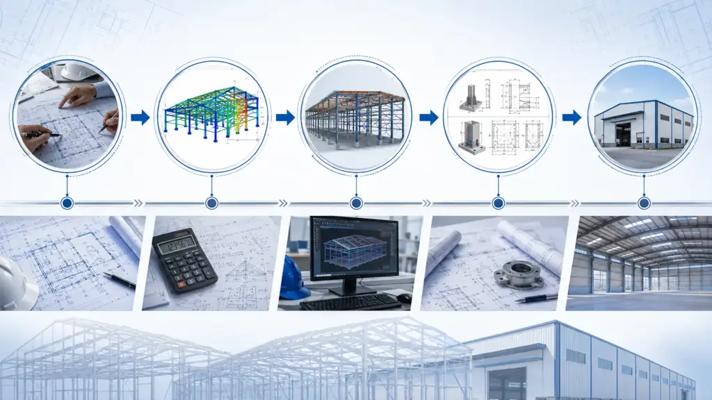 Five-stage workflow of the pre-engineered building design process from project planning to final handover.