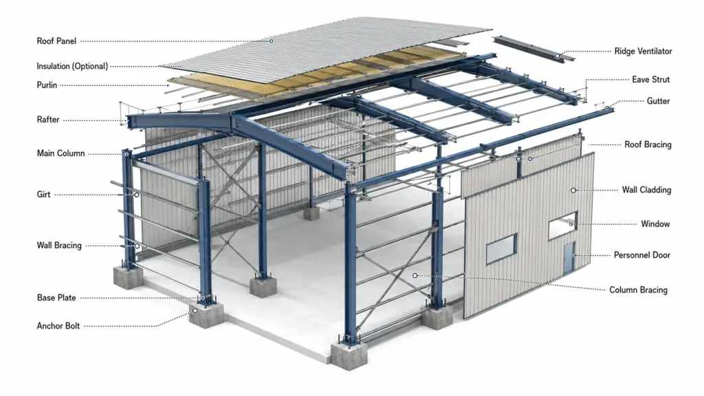 Primary frame, rafters, purlins, girts, roof panels, and wall cladding used in a pre-engineered steel building.