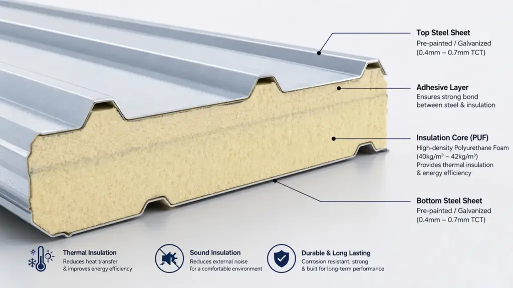 Close-up cross-section of insulated PUF sandwich panel used in PEB wall and roof cladding