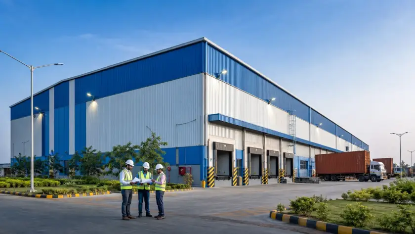 Real PEB warehouse case study showing a completed 30m x 80m industrial steel building in India with loading docks and trucks.