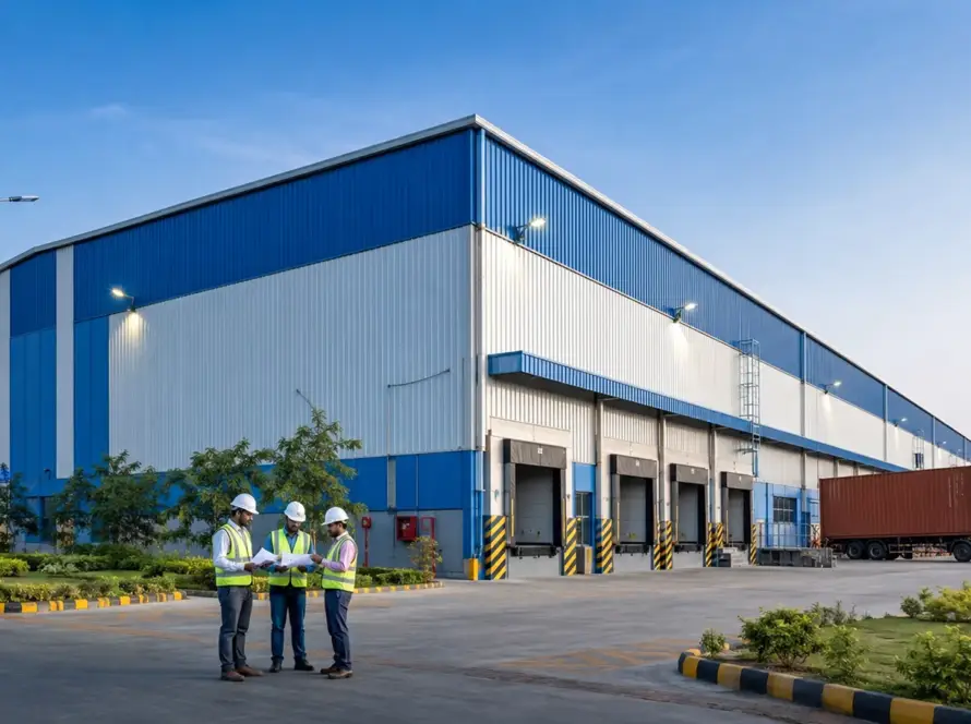 Real PEB warehouse case study showing a completed 30m x 80m industrial steel building in India with loading docks and trucks.