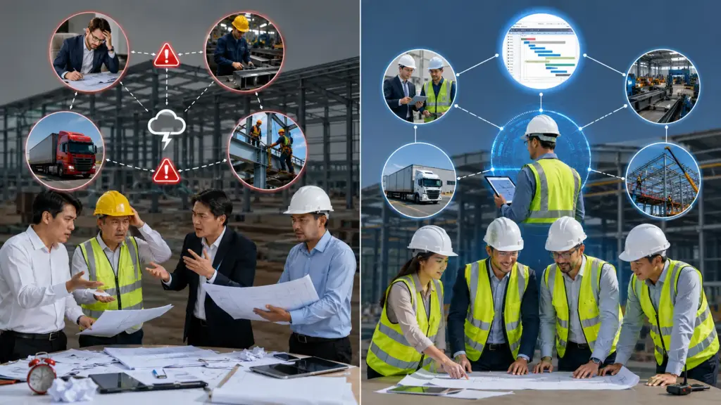 Comparison between split-vendor construction and a full-service PEB EPC company showing better coordination and single-point accountability.