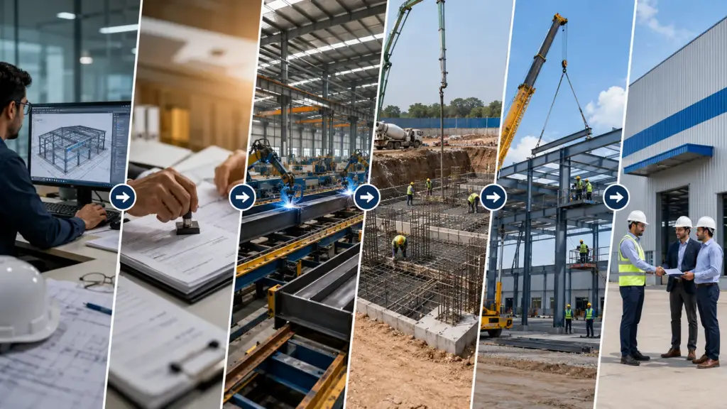 Complete turnkey pre-engineered building construction process from engineering design to final project handover