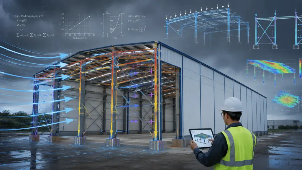 Wind load analysis on a pre-engineered steel warehouse showing structural load paths and engineering calculations.