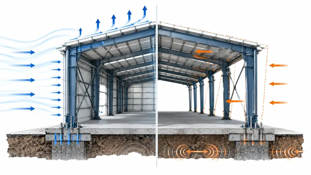 Comparison of wind pressure and earthquake forces acting on a pre-engineered steel building