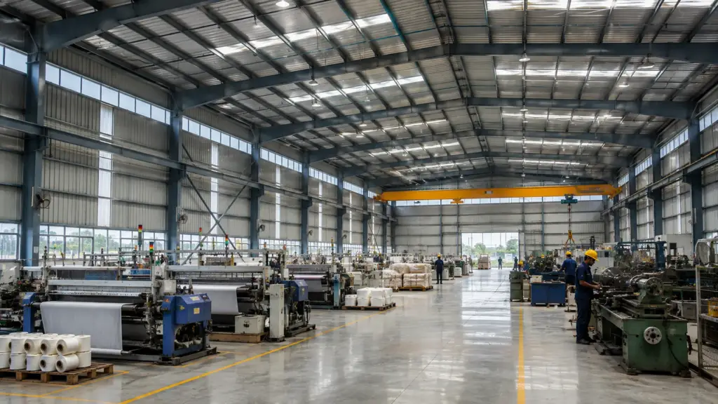 Clear-span PEB manufacturing interior for textile and engineering industries in Coimbatore