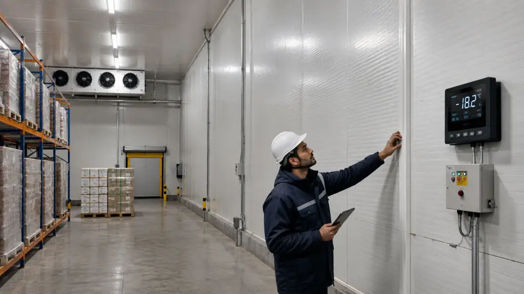 Cold storage facility interior showing insulated panels refrigeration equipment and maintenance inspection