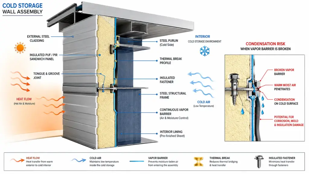 Cold storage PEB wall section showing insulation thermal break and vapor barrier