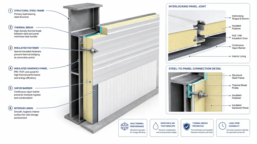 Cold storage PEB wall cross-section showing insulation vapor barrier and thermal break