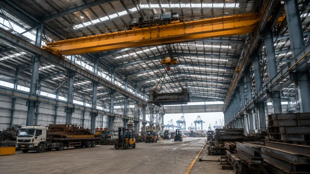 High-Bay PEB with Overhead Crane for Port Operations High-bay PEB warehouse with overhead crane for heavy industrial cargo