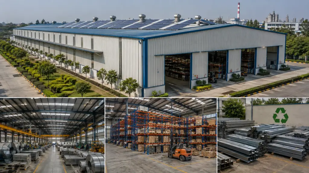 Long-term PEB factory showing durable steel structure, solar panels and maintained cladding