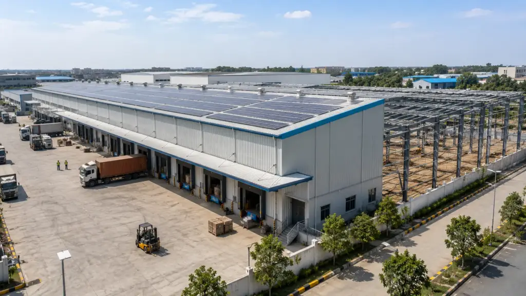 Long-Term PEB Warehouse Maintenance and Expansion Long-term PEB warehouse with durable steel cladding, solar panels, and expansion space