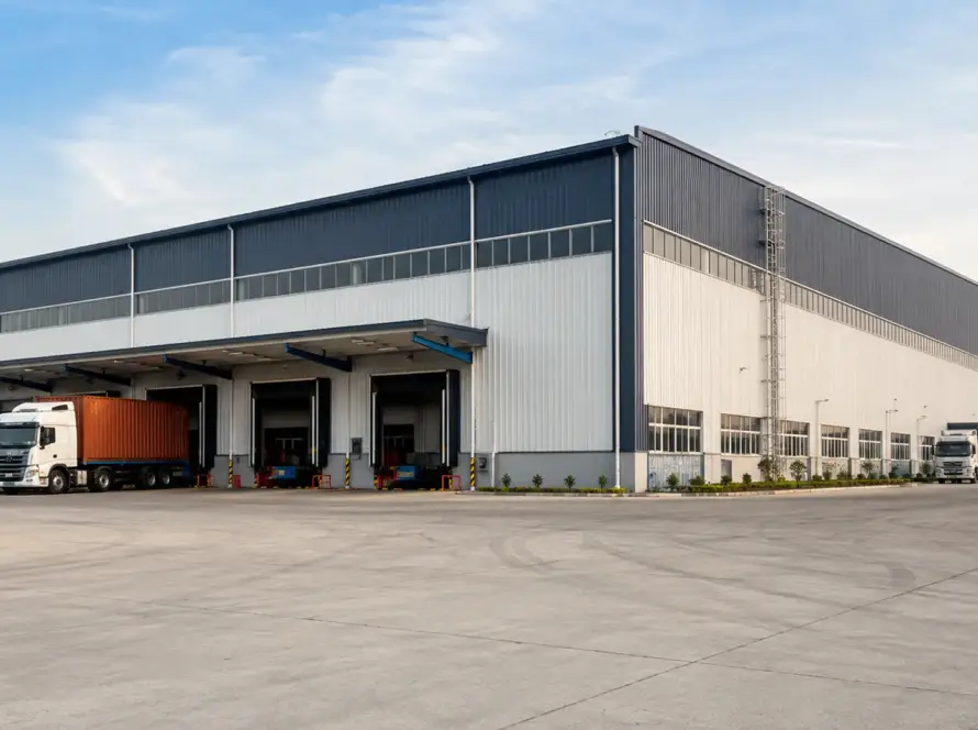 Modern PEB warehouse with clear-span steel structure and loading bays