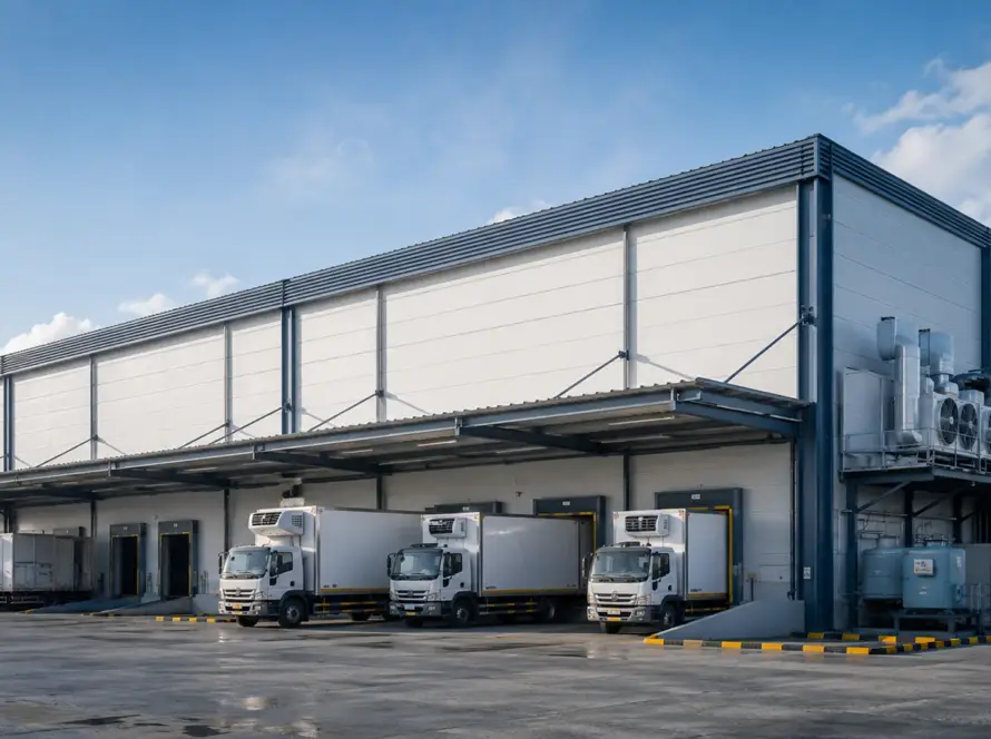 Modern pre-engineered building used for a temperature-controlled cold storage facility
