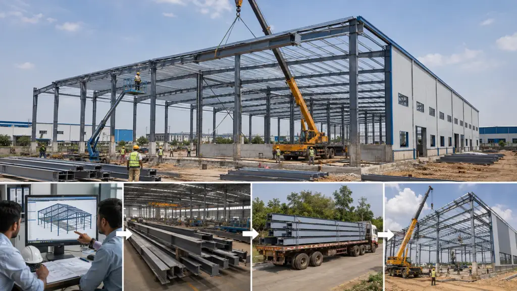 PEB Construction Process in Delhi NCR PEB construction process from steel fabrication to site erection