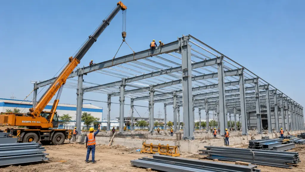 PEB steel frame erection during industrial construction in Nagpur