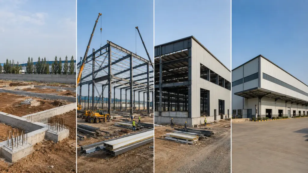 Four stages of pre-engineered building construction from foundation to completed factory