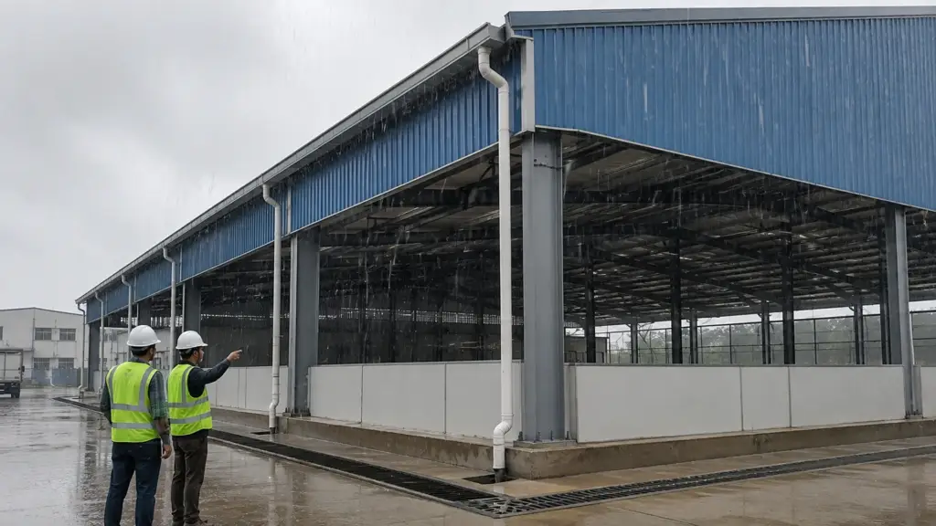 PEB Design for Gujarat Monsoon Conditions PEB warehouse designed for Gujarat monsoon, wind loads and roof drainage