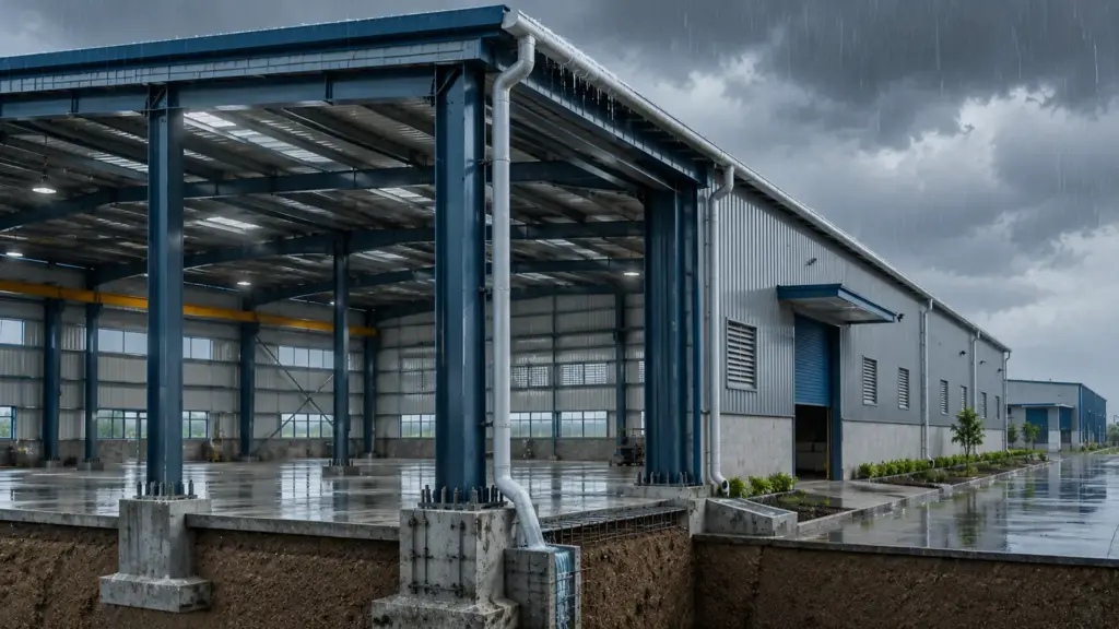 PEB building roof drainage and steel structure designed for Coimbatore monsoon conditions