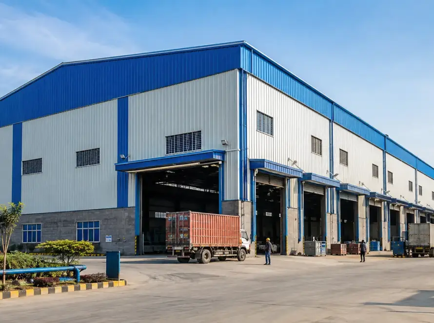 PEB manufacturer in Rajkot building a custom steel industrial shed