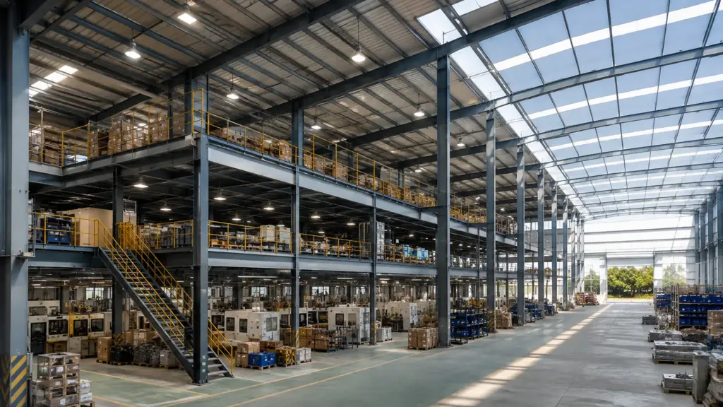 PEB Mezzanine Floor and Future Expansion PEB factory interior with mezzanine floor and future expansion space