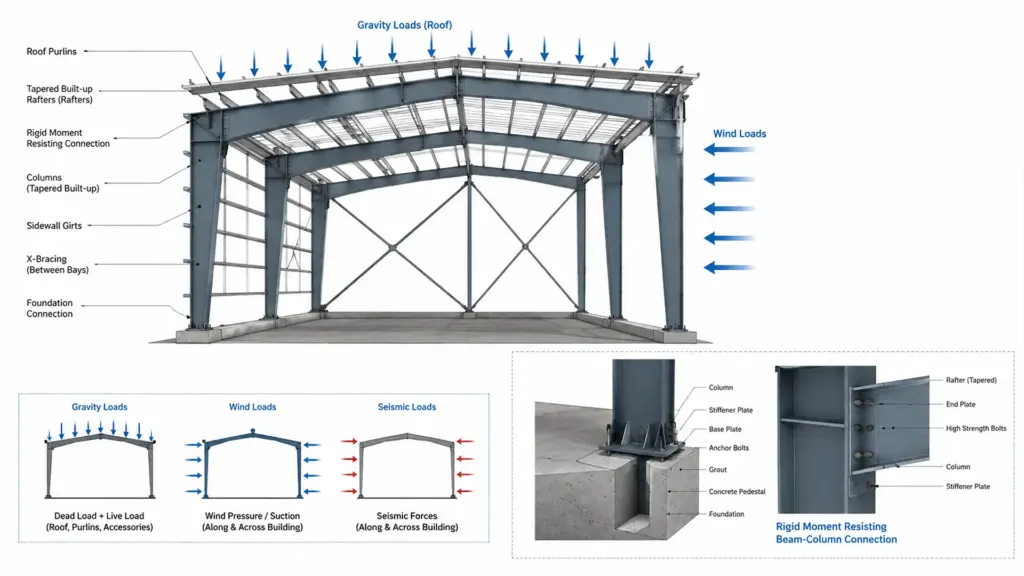 PEB Portal Frame, Tapered Sections and Bracing PEB portal frame showing tapered steel sections and diagonal bracing