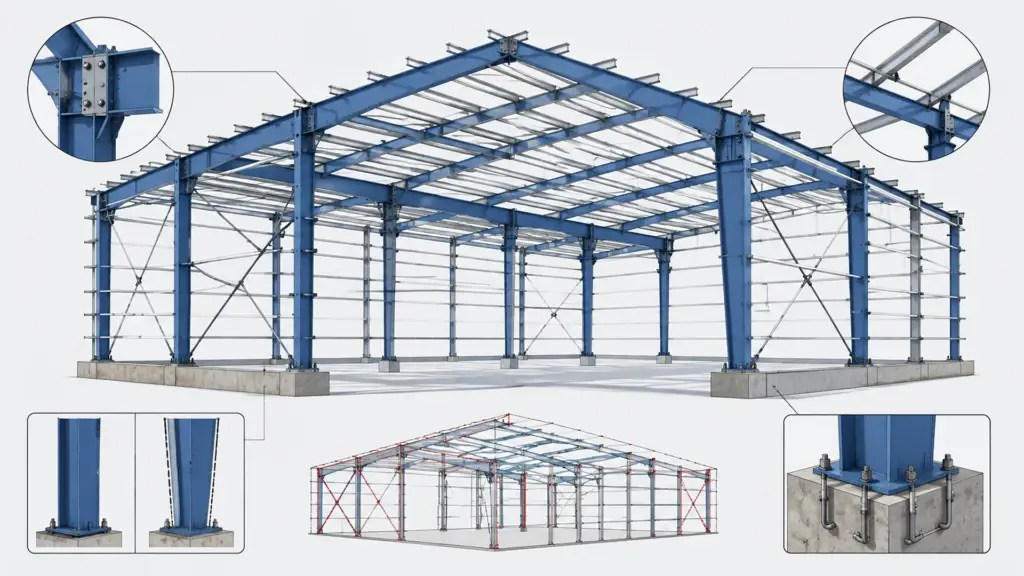 PEB Portal Frame and Bracing System Diagram PEB portal frame showing tapered steel sections and diagonal bracing for structural strength