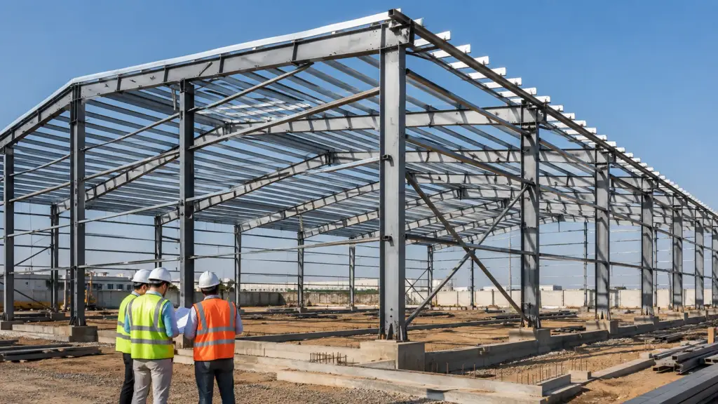 PEB steel frame showing structural components and engineering design