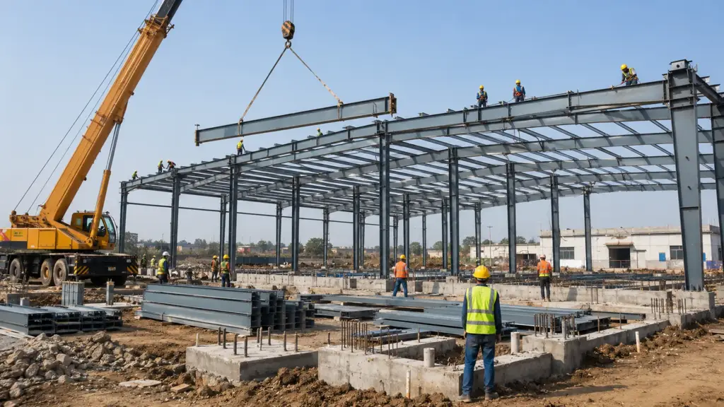 PEB Steel Frame Erection and Construction in Indore PEB steel frame erection and foundation construction in Indore