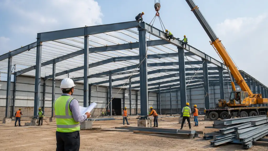 PEB steel structure erection at an industrial construction site in Coimbatore