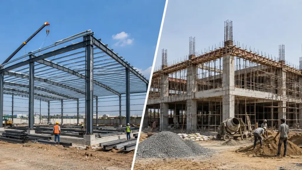 PEB steel construction compared with conventional RCC industrial building