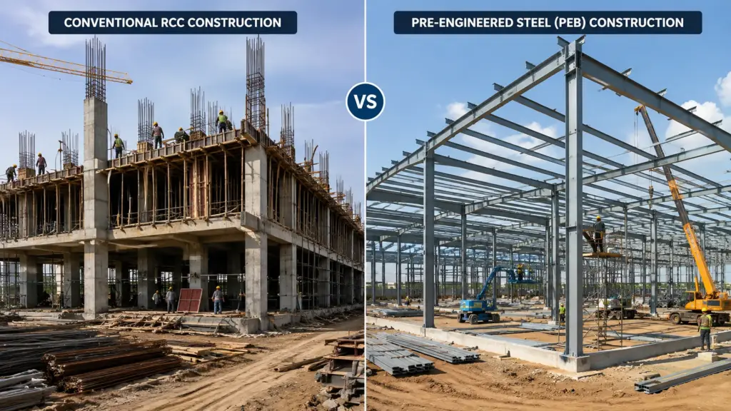 PEB vs RCC Construction Comparison PEB steel building compared with conventional RCC industrial construction