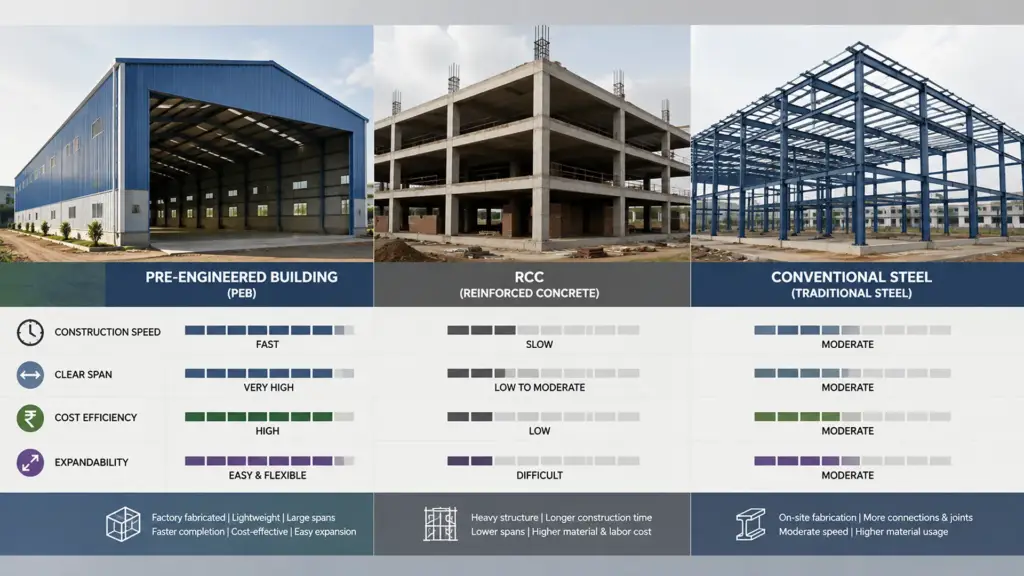 PEB vs RCC vs Conventional Steel Comparison PEB vs RCC vs conventional steel building comparison