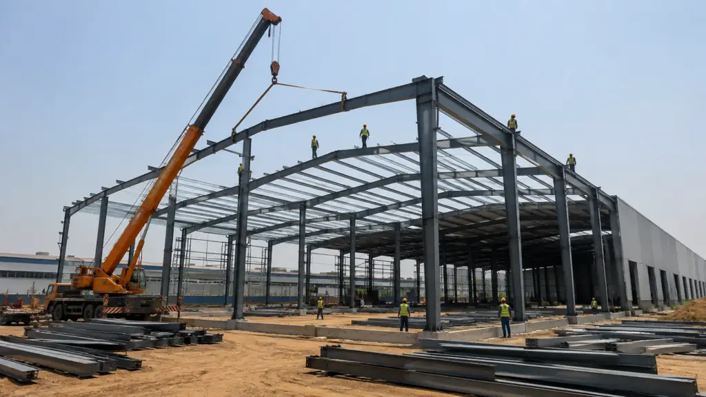 PEB Warehouse Steel Erection Near Vadodara PEB warehouse steel erection at an industrial project near Vadodara