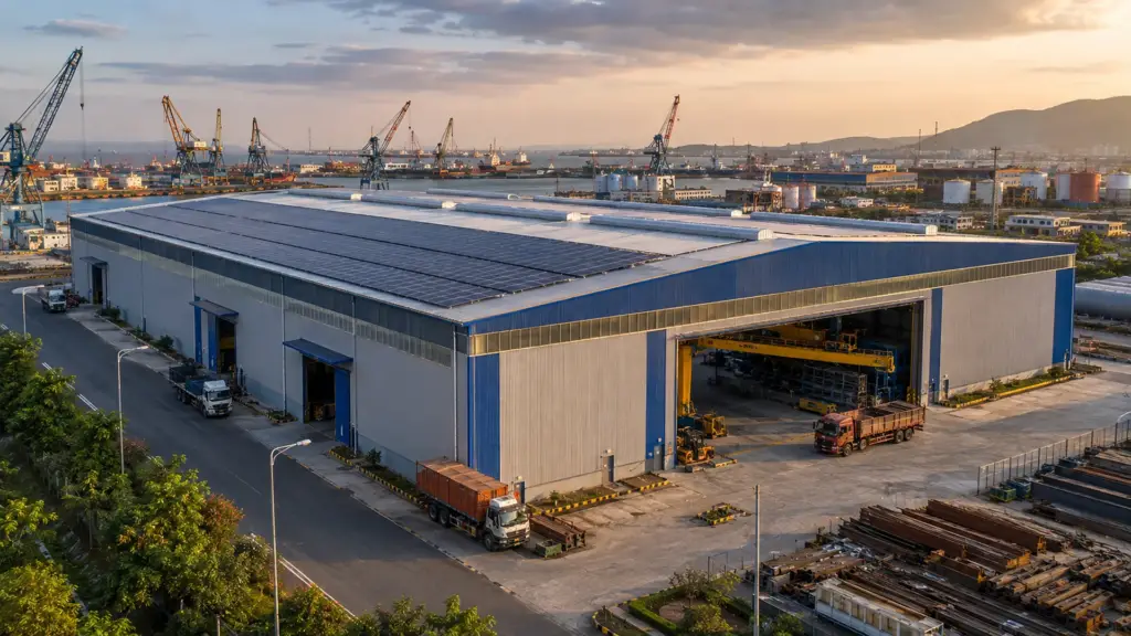 Port-Adjacent PEB Project in Visakhapatnam Completed port-adjacent pre-engineered steel building in Visakhapatnam