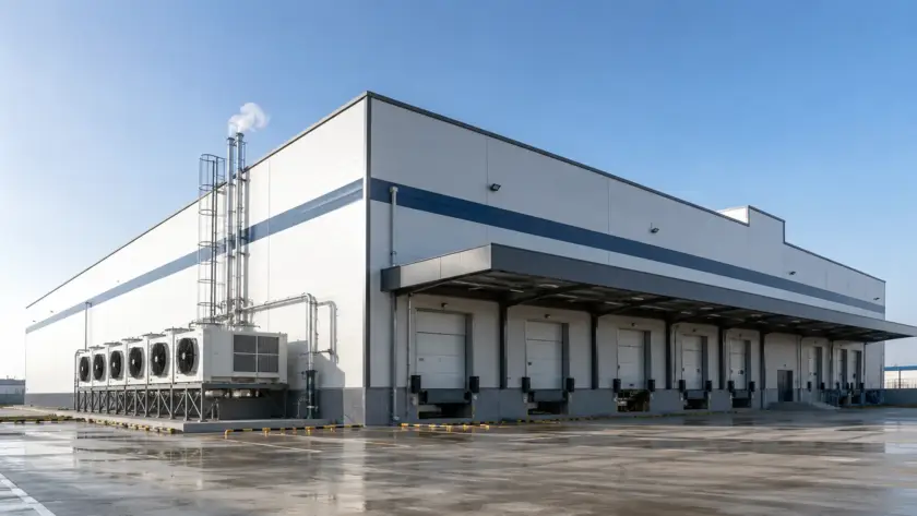 Modern pre-engineered building for cold storage with insulated panels and loading bays
