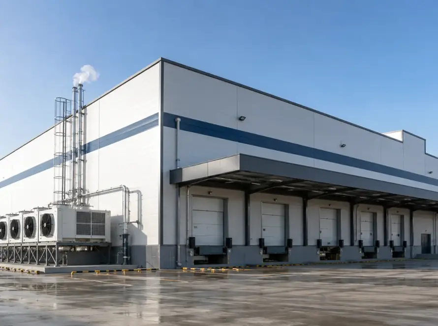 Modern pre-engineered building for cold storage with insulated panels and loading bays