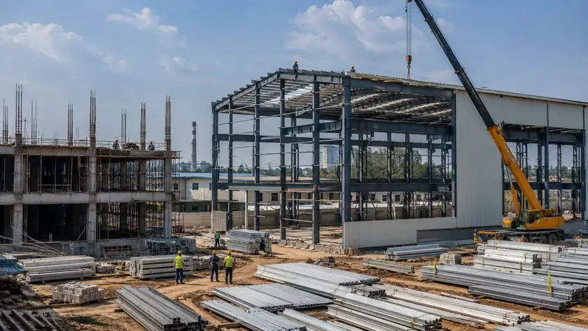Pre-engineered building factory under construction with steel frames and cranes