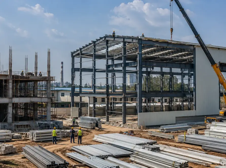Pre-engineered building factory under construction with steel frames and cranes