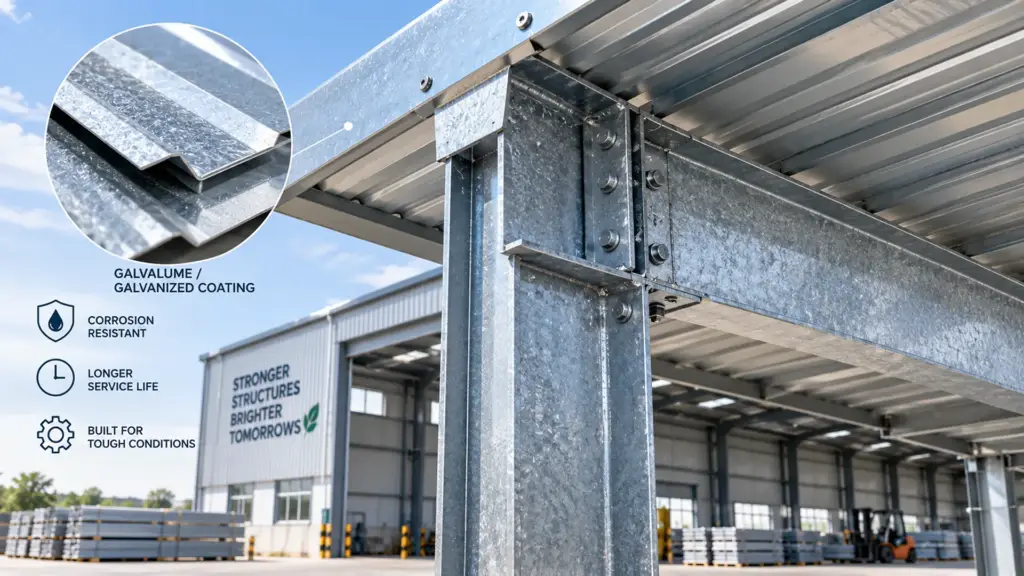 Corrosion-resistant galvalume steel coating on PEB structure