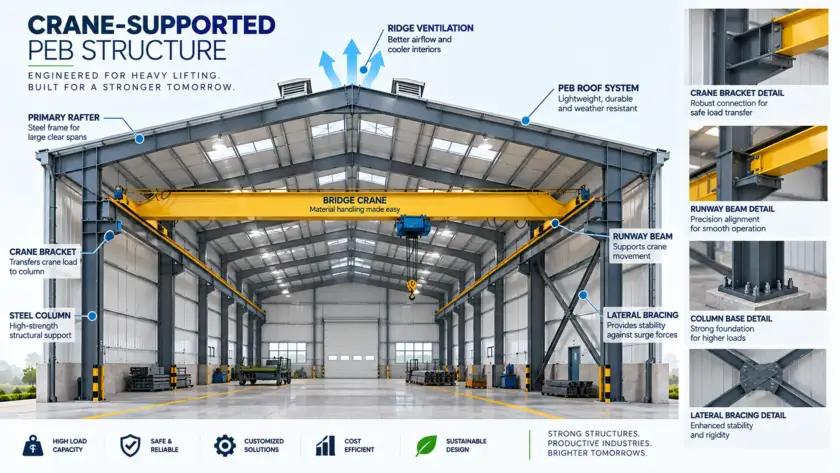 Crane-supported PEB structure diagram showing column, bracket, and runway beam