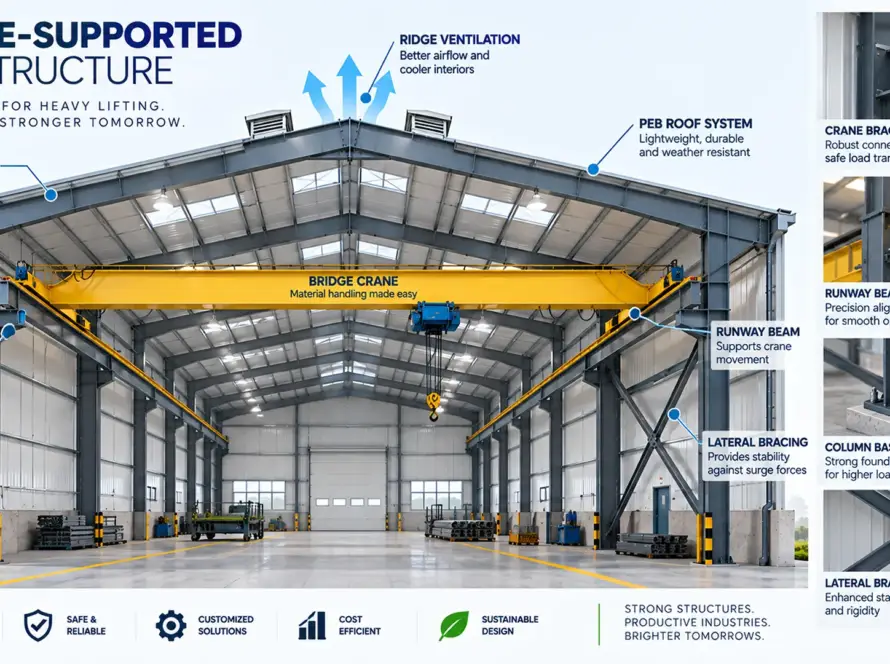 Crane-supported PEB structure diagram showing column, bracket, and runway beam