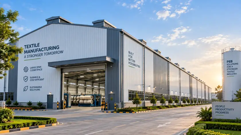 Industrial building solutions for textile manufacturing plants - PEB steel structure exterior